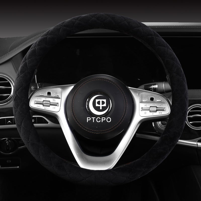 PTCPO Soft Car Steering Wheel Cover for Sedan, SUV, Warm Luxury Velvet, Odorless, Universal, Anti Slip, Summer Winter, Black, Standard Size[14" 1/2-15"](37-38cm) - Image 2