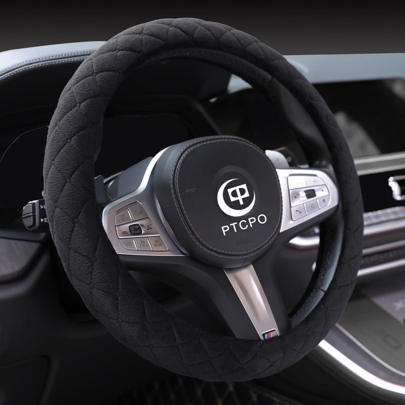PTCPO Soft Car Steering Wheel Cover for Sedan, SUV, Warm Luxury Velvet, Odorless, Universal, Anti Slip, Summer Winter, Black, Standard Size[14" 1/2-15"](37-38cm) - Image 3