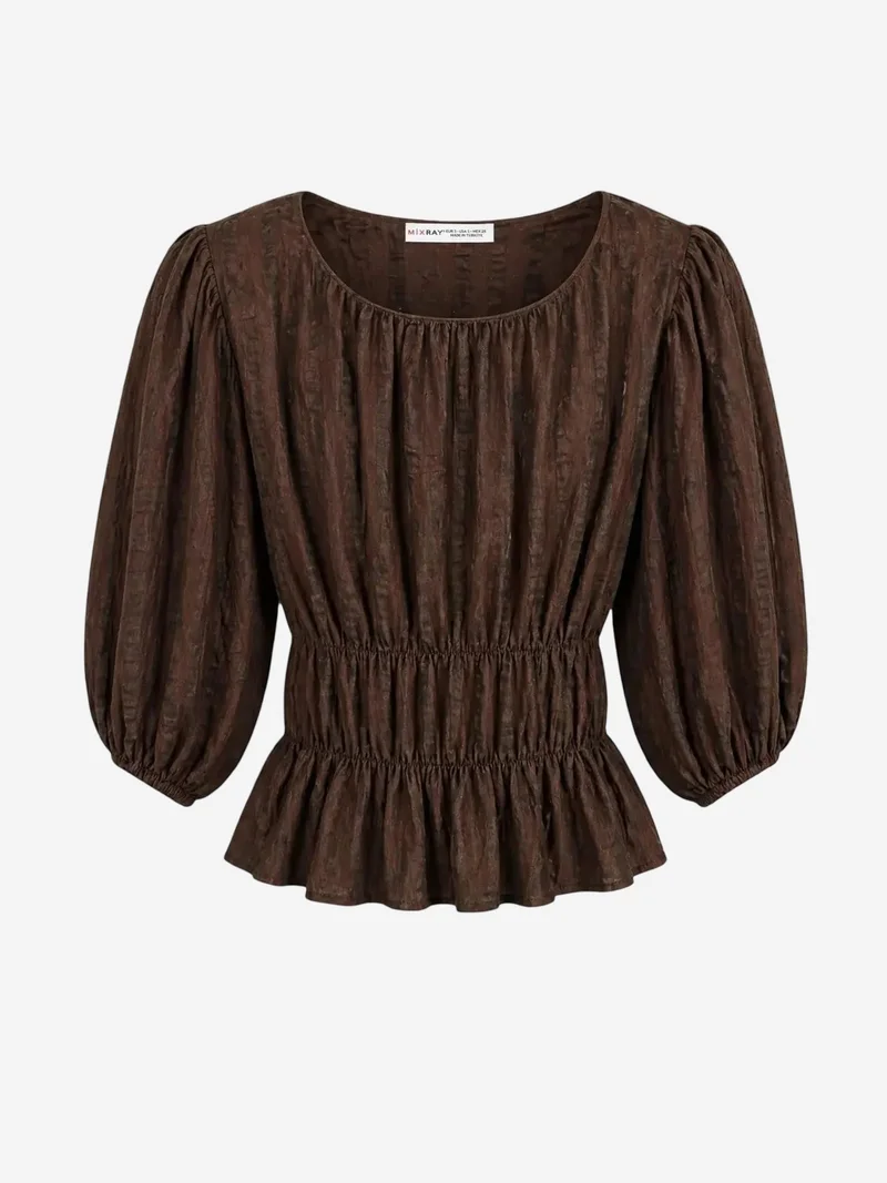 MixRay MIXRAY Textured U Collar Three Quarter Sleeve Peplum Blouse