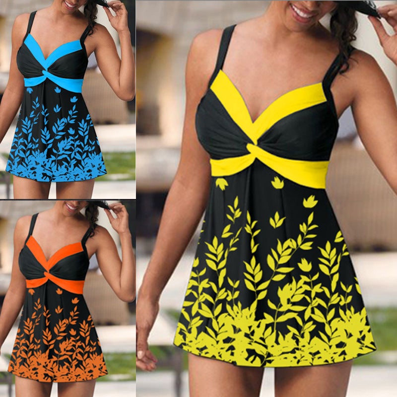 2022 Swimsuit New Tankini Leaves Flower Big Skirt Briefs Swimsuit Split Tankini - Image 3