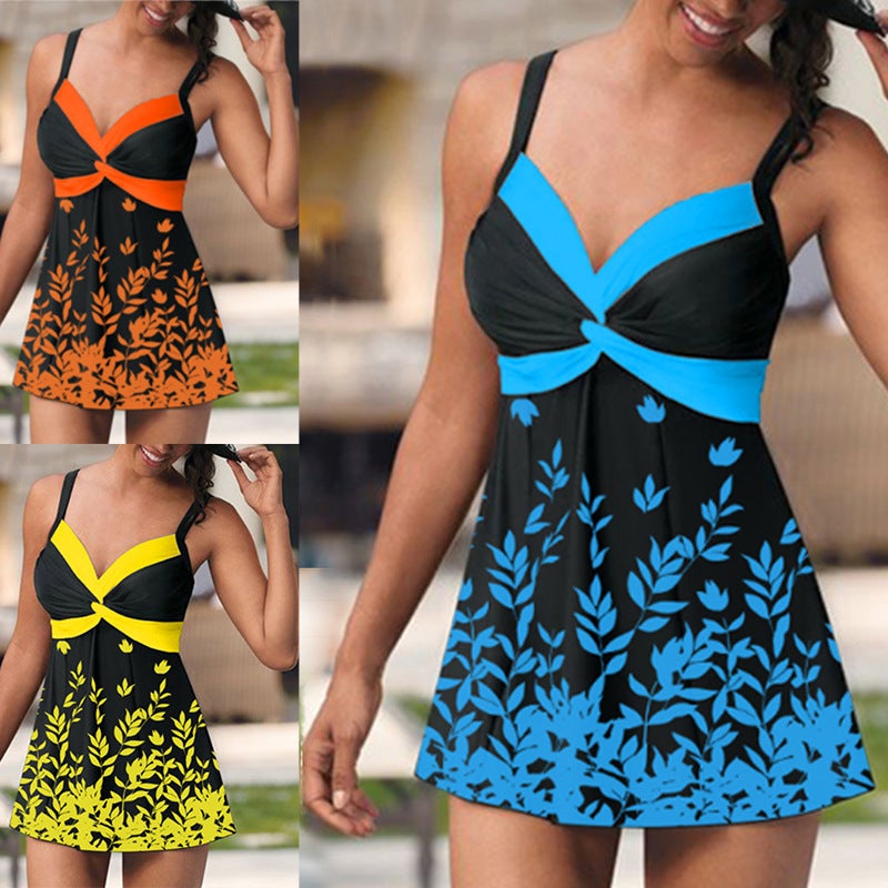 2022 Swimsuit New Tankini Leaves Flower Big Skirt Briefs Swimsuit Split Tankini - Image 1