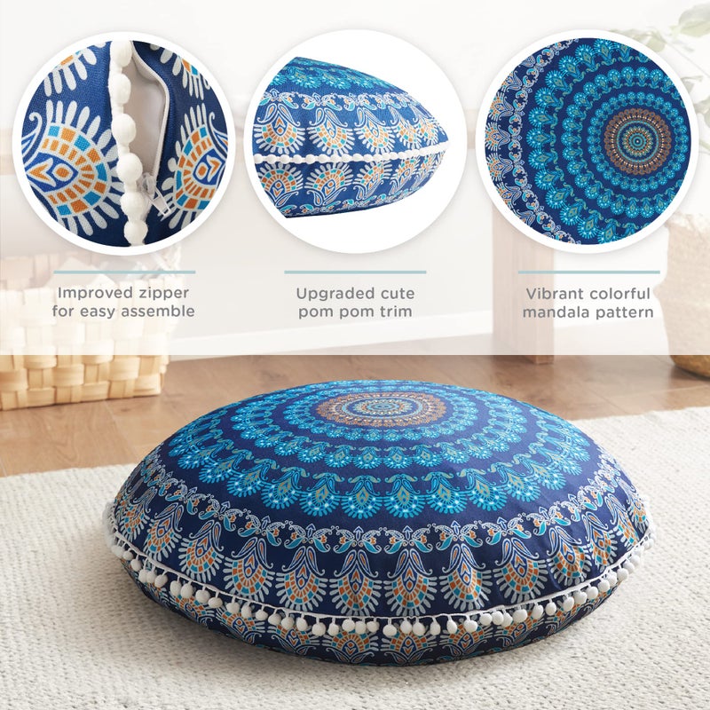 Codi Meditation Floor Pillow Set of 2, Round Large Pillows Seating for Adults, Bohemian Mandala Circle Cushion for Outdoor Fireplace Yoga Living Room, 32 Inch, Memory Foam Added, Navy - Image 2