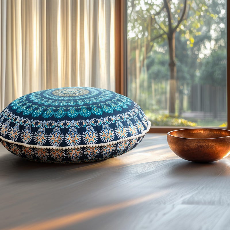 Codi Meditation Floor Pillow Set of 2, Round Large Pillows Seating for Adults, Bohemian Mandala Circle Cushion for Outdoor Fireplace Yoga Living Room, 32 Inch, Memory Foam Added, Navy - Image 4
