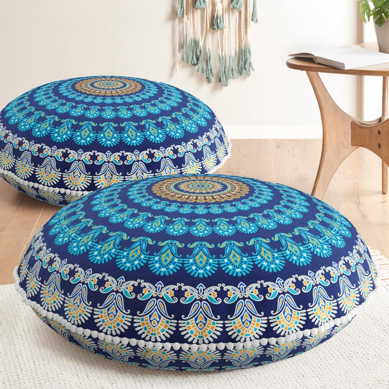 Codi Meditation Floor Pillow Set of 2, Round Large Pillows Seating for Adults, Bohemian Mandala Circle Cushion for Outdoor Fireplace Yoga Living Room, 32 Inch, Memory Foam Added, Navy - Image 1