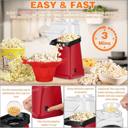 VikriDA Hot Air Popper, Electric Popcorn Maker Machine with 1200W, No Oil Needed, Healthy and Delicious Snack for Kids, Adults.Great for Holding Parties in Home - Image 5