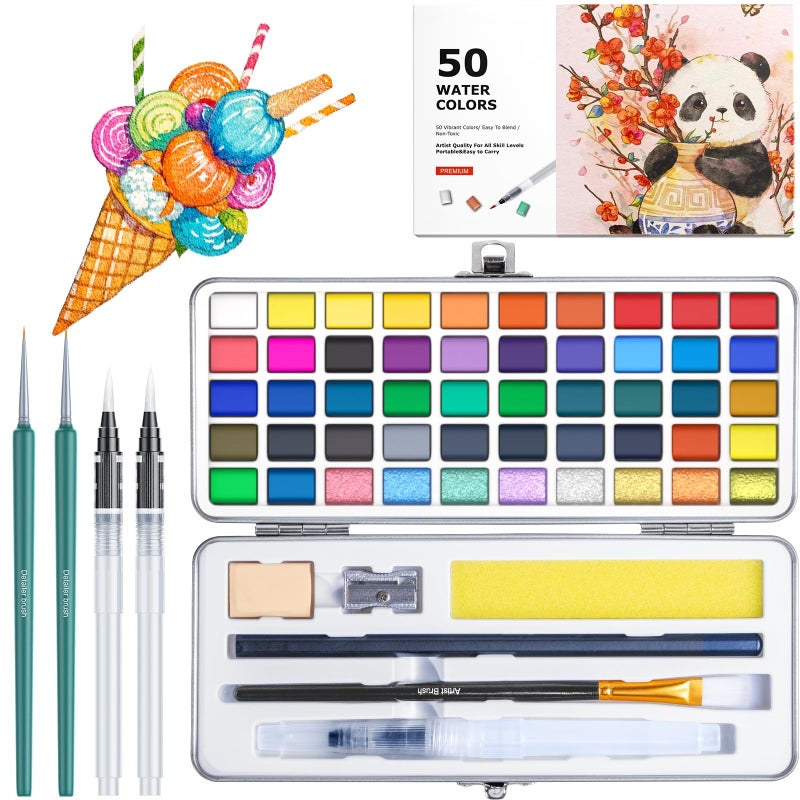 botkc Watercolor Paint Set with 100 Rich Colors,Professional Travel Art Kit with 7 Brushes, 8 Papers, Palette & Accessories,Includes Metallic & Fluorescent Paints,Art Supplies for Artists, Adults & Hobbyists (50 unique colors) - Image 1