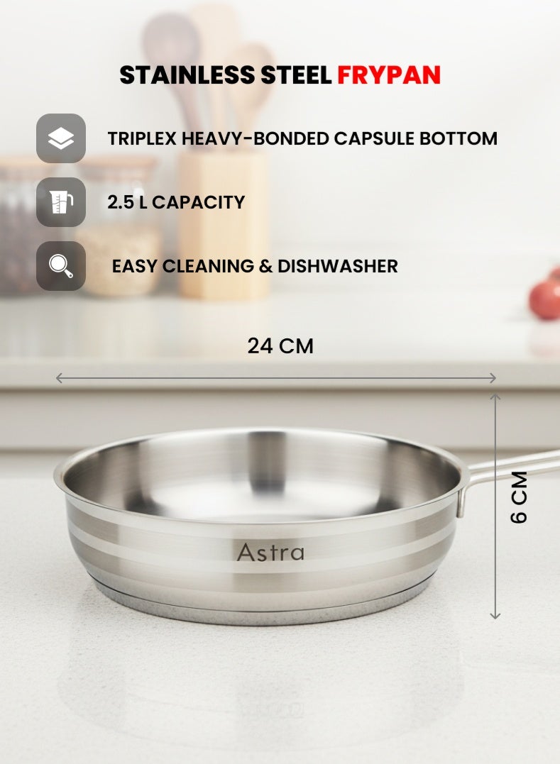 Astra Stainless Steel Frypan 24 cm | 2.5 L Capacity | 18/10 Heavy‑Duty Steel | Induction & Gas Compatible | Wide Base Frying Pan – No Lid - Image 1