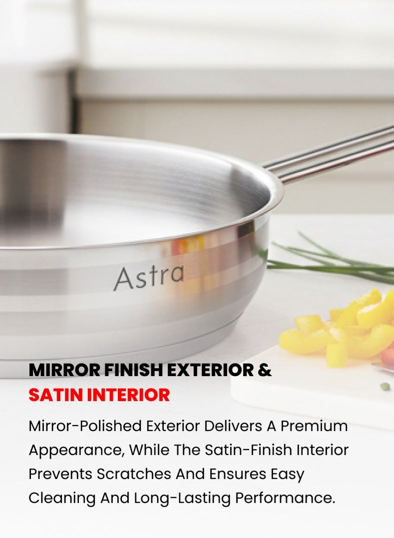 Astra Stainless Steel Frypan 24 cm | 2.5 L Capacity | 18/10 Heavy‑Duty Steel | Induction & Gas Compatible | Wide Base Frying Pan – No Lid - Image 5