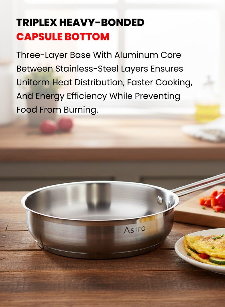 Astra Stainless Steel Frypan 24 cm | 2.5 L Capacity | 18/10 Heavy‑Duty Steel | Induction & Gas Compatible | Wide Base Frying Pan – No Lid - Image 2