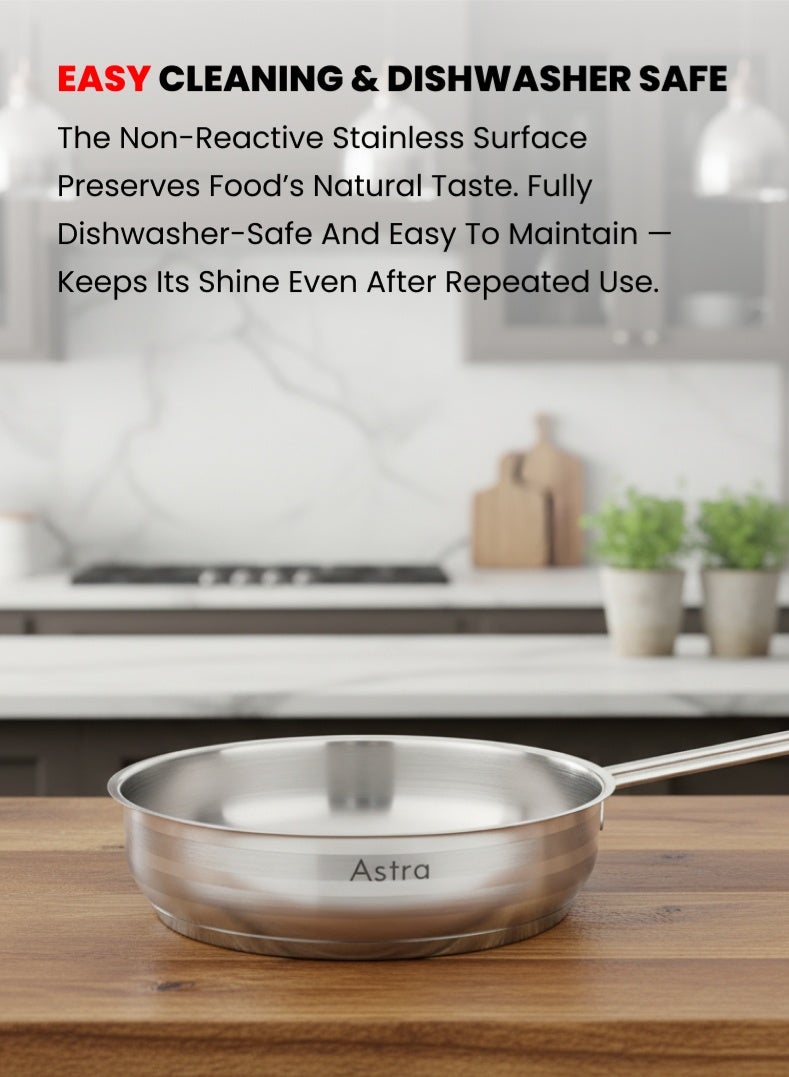 Astra Stainless Steel Frypan 24 cm | 2.5 L Capacity | 18/10 Heavy‑Duty Steel | Induction & Gas Compatible | Wide Base Frying Pan – No Lid - Image 4