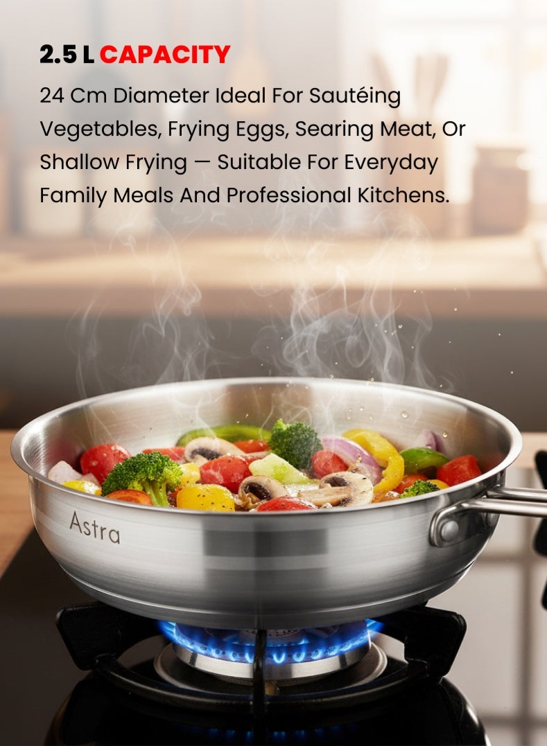 Astra Stainless Steel Frypan 24 cm | 2.5 L Capacity | 18/10 Heavy‑Duty Steel | Induction & Gas Compatible | Wide Base Frying Pan – No Lid - Image 3