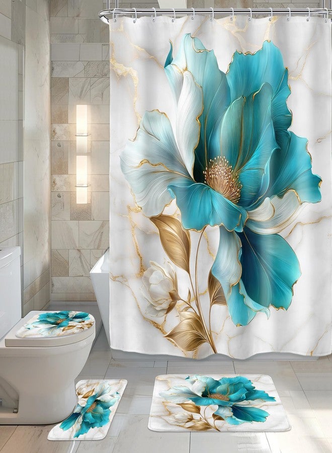 Riyidecor Teal Gold Marble Floral 4Pcs Bathroom Shower Curtain Sets Modern Flower Abstract Bathroom Decor Set with Rugs and Accessories Minimalist Toilet Lid Rug, Contour and Bath Mat with 12 Hooks - Image 1