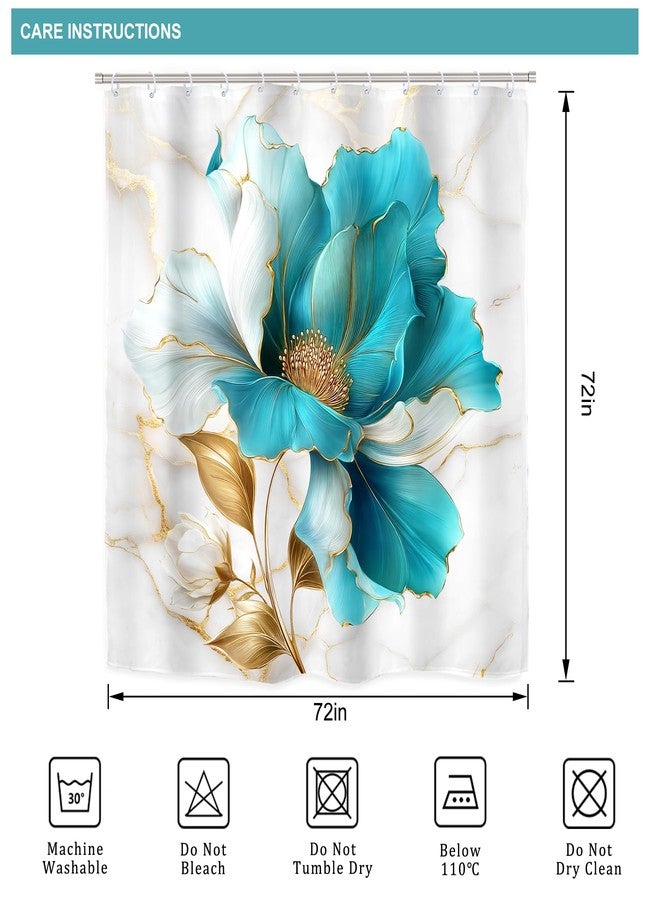 Riyidecor Teal Gold Marble Floral 4Pcs Bathroom Shower Curtain Sets Modern Flower Abstract Bathroom Decor Set with Rugs and Accessories Minimalist Toilet Lid Rug, Contour and Bath Mat with 12 Hooks - Image 5