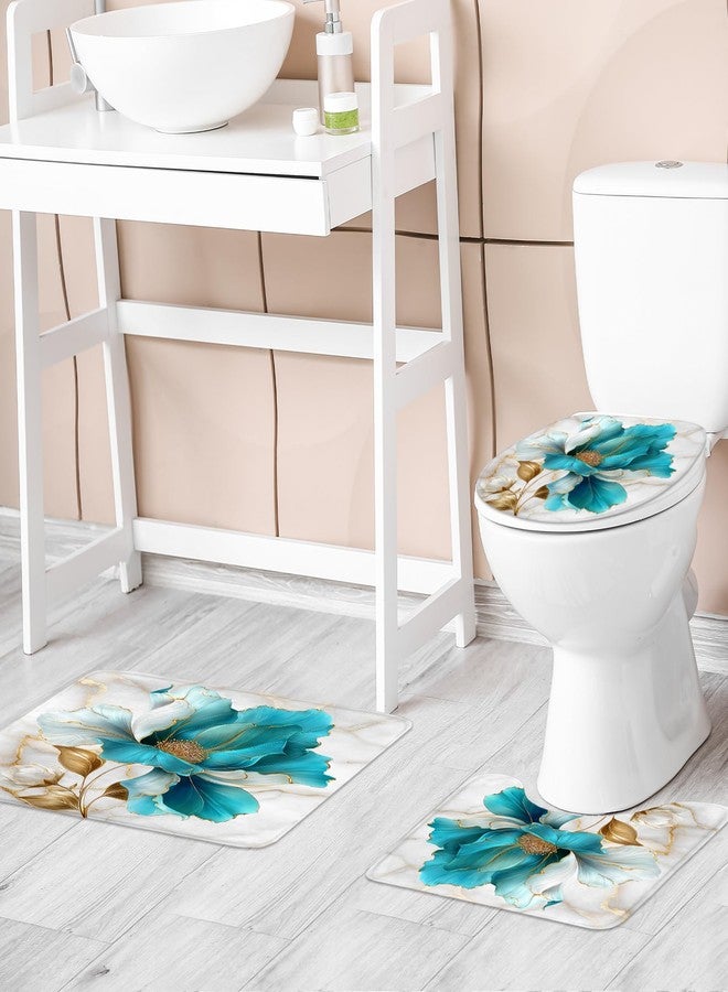 Riyidecor Teal Gold Marble Floral 4Pcs Bathroom Shower Curtain Sets Modern Flower Abstract Bathroom Decor Set with Rugs and Accessories Minimalist Toilet Lid Rug, Contour and Bath Mat with 12 Hooks - Image 2