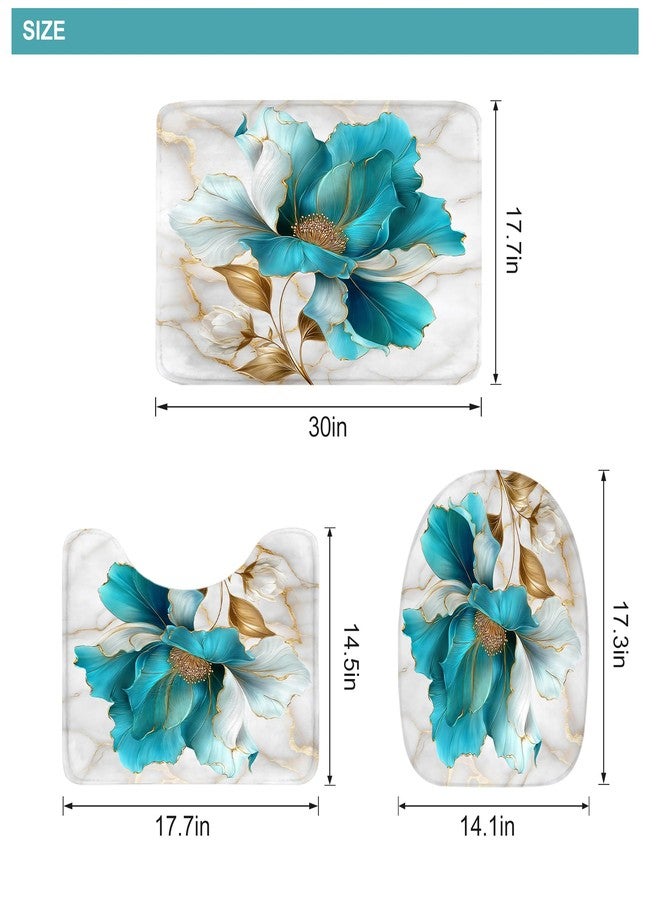 Riyidecor Teal Gold Marble Floral 4Pcs Bathroom Shower Curtain Sets Modern Flower Abstract Bathroom Decor Set with Rugs and Accessories Minimalist Toilet Lid Rug, Contour and Bath Mat with 12 Hooks - Image 4
