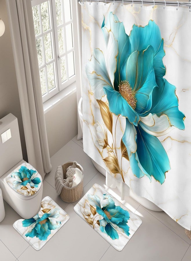 Riyidecor Teal Gold Marble Floral 4Pcs Bathroom Shower Curtain Sets Modern Flower Abstract Bathroom Decor Set with Rugs and Accessories Minimalist Toilet Lid Rug, Contour and Bath Mat with 12 Hooks - Image 3
