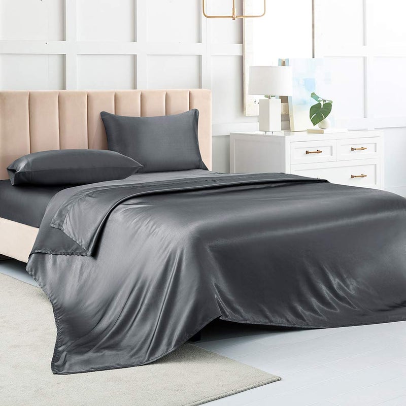 Luxbedding Satin Bed Sheets King Size Sheets Grey Silk Sheets 4  Pieces Soft Bedding Set with 1 Deep Pocket Fitted Sheet1 Flat Sheet2 Pillowcase 