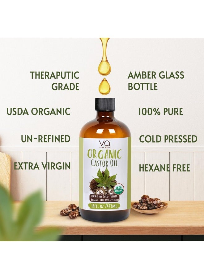 VITAL AFFAIR - Pure Castor Oil Organic Cold Pressed Unrefined Glass Bottle-Usda Certified Organic Castor Oil Cold Pressed Glass Bottle For Castor Oil Pack Wrap-Castor Oil For Face,Hair Growth,Eyelashes,Eyebrows-16Oz - Image 1