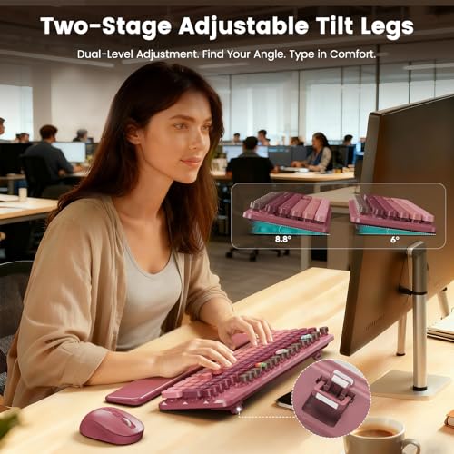 SABLUTE Wireless Keyboard and Mouse Combo, Cute Retro Typewriter Keyboard with Round Keycaps, Full-Size Aesthetic Keyboard with Magnetic Wrist Rest, 2.4GHz USB for Windows/Mac Desktop Laptop (Pink Gradient) - Image 3
