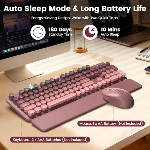 SABLUTE Wireless Keyboard and Mouse Combo, Cute Retro Typewriter Keyboard with Round Keycaps, Full-Size Aesthetic Keyboard with Magnetic Wrist Rest, 2.4GHz USB for Windows/Mac Desktop Laptop (Pink Gradient) - Image 5