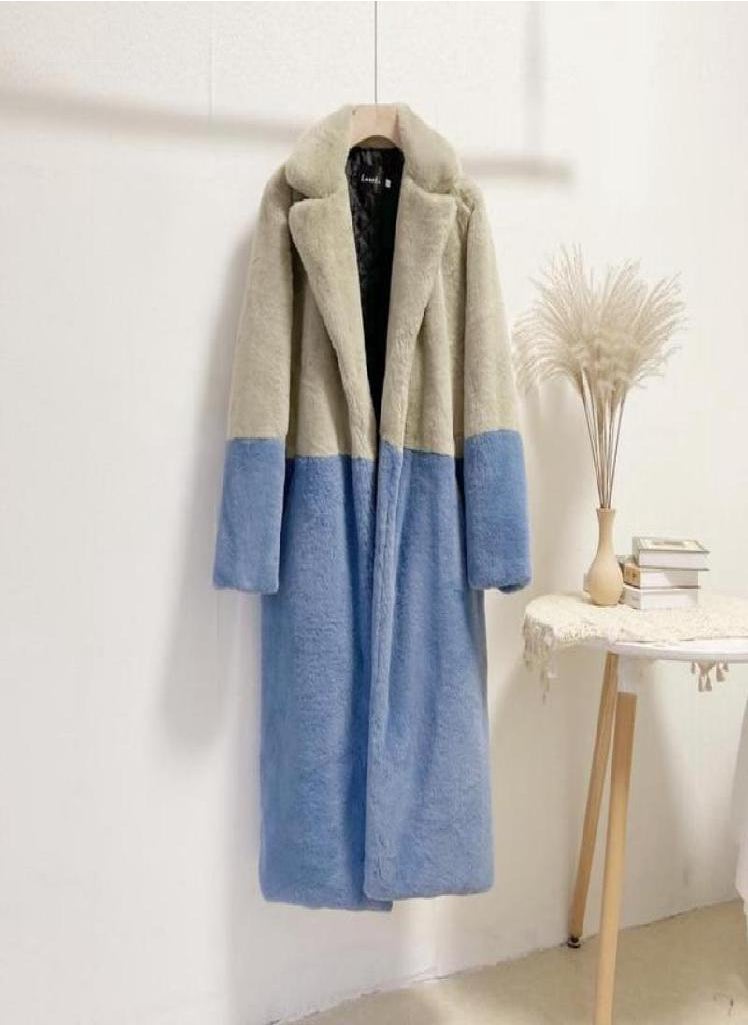 Eckek - Women Contrast Color Mink Faux Fur Coat Turn Down Collar Winter Fur Lady Long Coat - Image 1