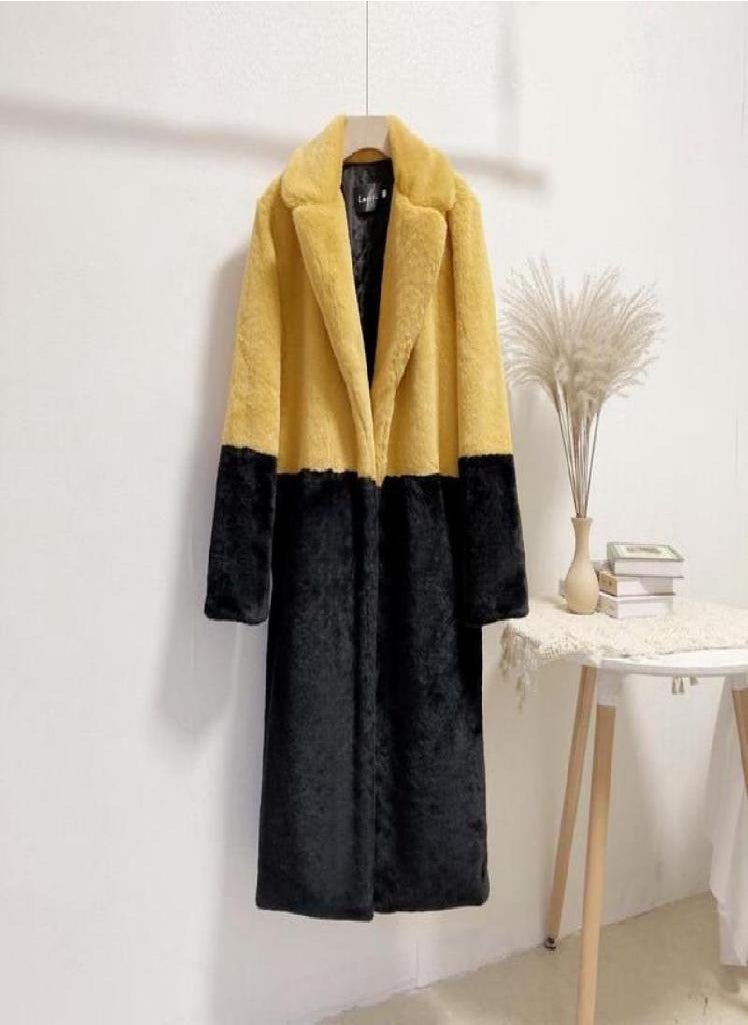 Eckek - Women Contrast Color Mink Faux Fur Coat Turn Down Collar Winter Fur Lady Long Coat - Image 1