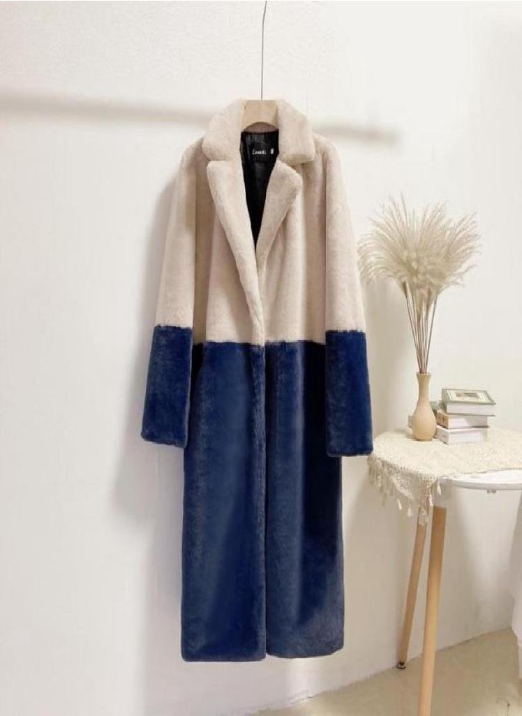 Eckek - Women Contrast Color Mink Faux Fur Coat Turn Down Collar Winter Fur Lady Long Coat - Image 1