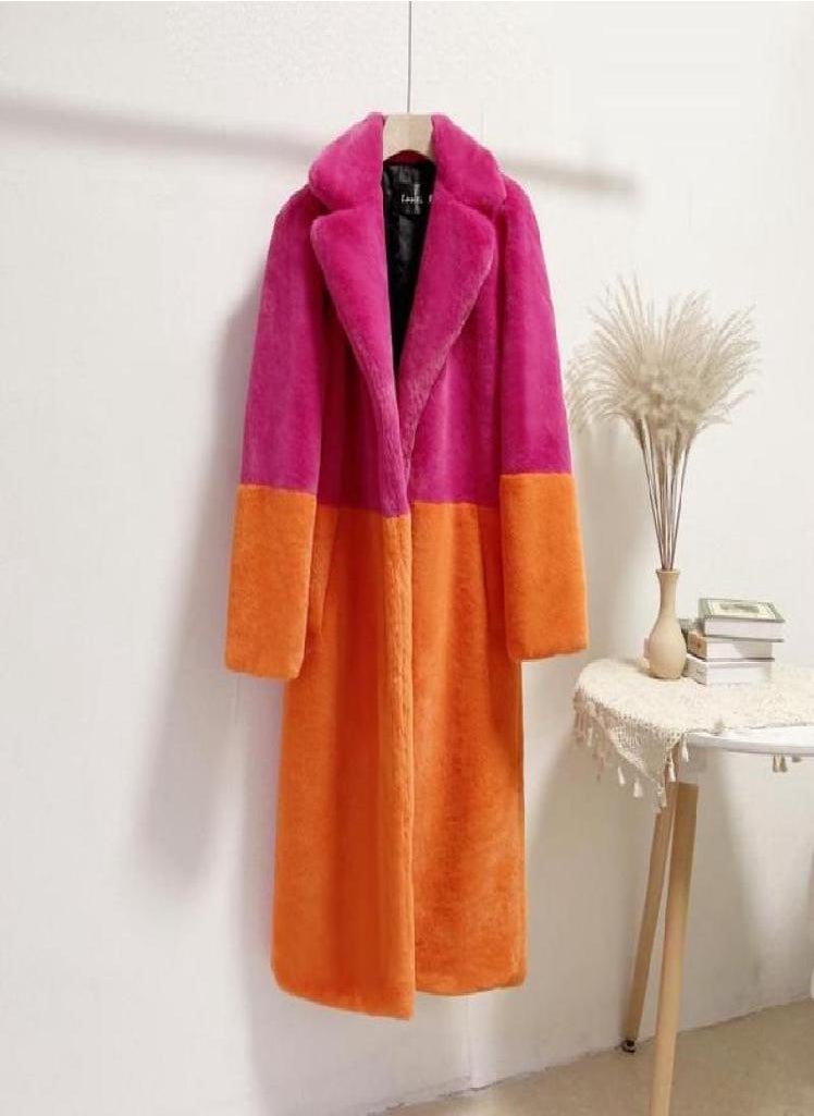Eckek - Women Contrast Color Mink Faux Fur Coat Turn Down Collar Winter Fur Lady Long Coat - Image 1