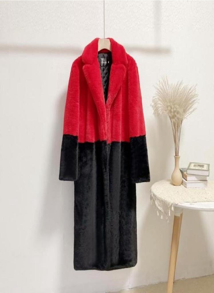 Eckek - Women Contrast Color Mink Faux Fur Coat Turn Down Collar Winter Fur Lady Long Coat - Image 1