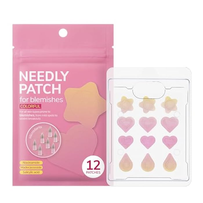 NEEDLY Patch for Blemishes Colorful, 12 Patches | Hydrocolloid Microdart Pimple Patch, Cute Star, Heart & Teardrop Micropoint Acne Patch for Early-Stage Zits and Deep Pimples, Korean Skin Care - Image 1