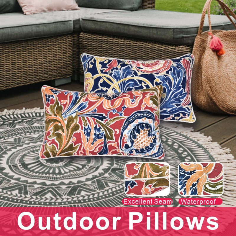 JMGBird Water-Resistant Outdoor Pillows Set of 2, 12x20 inch Durable Red with Pomegranate Flower Pattern Throw Pillows with Inserts for Patio Furniture - Image 5