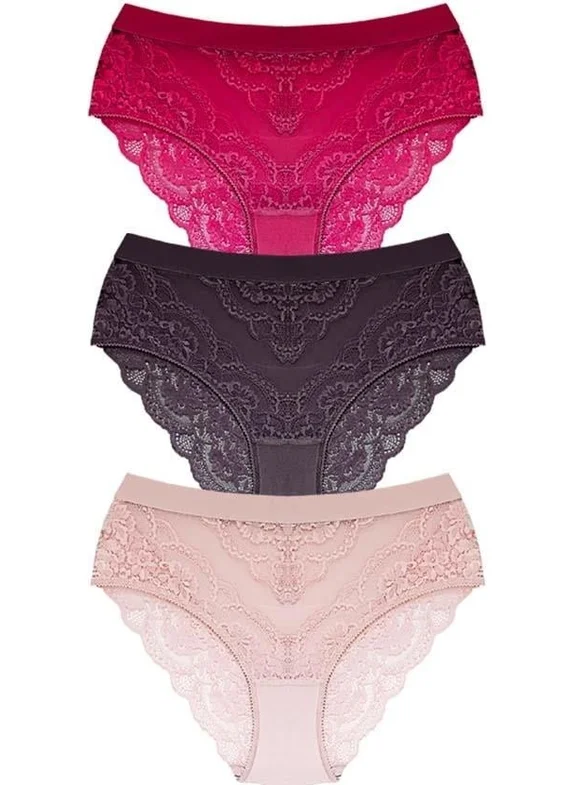 COTTONHILL Lace Transparent Back Plus Size Bikini Panties 3-Pack