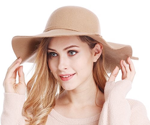 Bienvenu Women's Wide Brim Solid Color Wool Floppy Hat Camel - Image 3