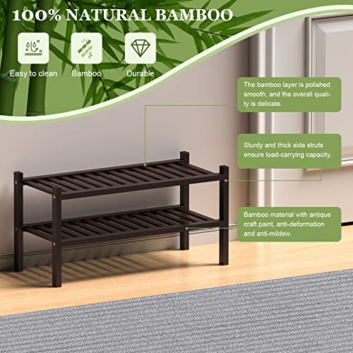 ROMGUAR CRAFT 2 Tier (Thick) Bamboo Shoe Rack for Closet Free Standing Wood Shoe Shelf for Entryway Small Space Stackable 27"x12"x14" (Black Brown) - Image 5