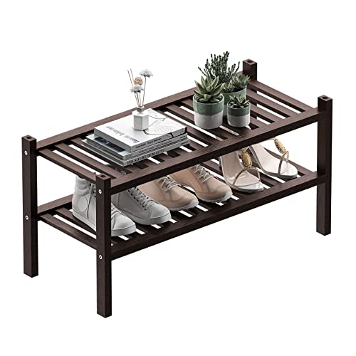 ROMGUAR CRAFT 2 Tier (Thick) Bamboo Shoe Rack for Closet Free Standing Wood Shoe Shelf for Entryway Small Space Stackable 27"x12"x14" (Black Brown) - Image 1
