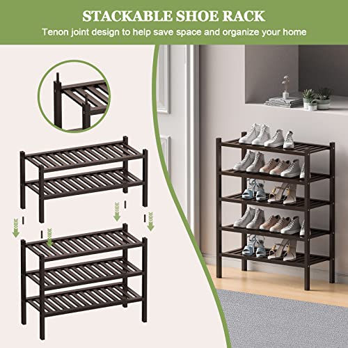 ROMGUAR CRAFT 2 Tier (Thick) Bamboo Shoe Rack for Closet Free Standing Wood Shoe Shelf for Entryway Small Space Stackable 27"x12"x14" (Black Brown) - Image 4