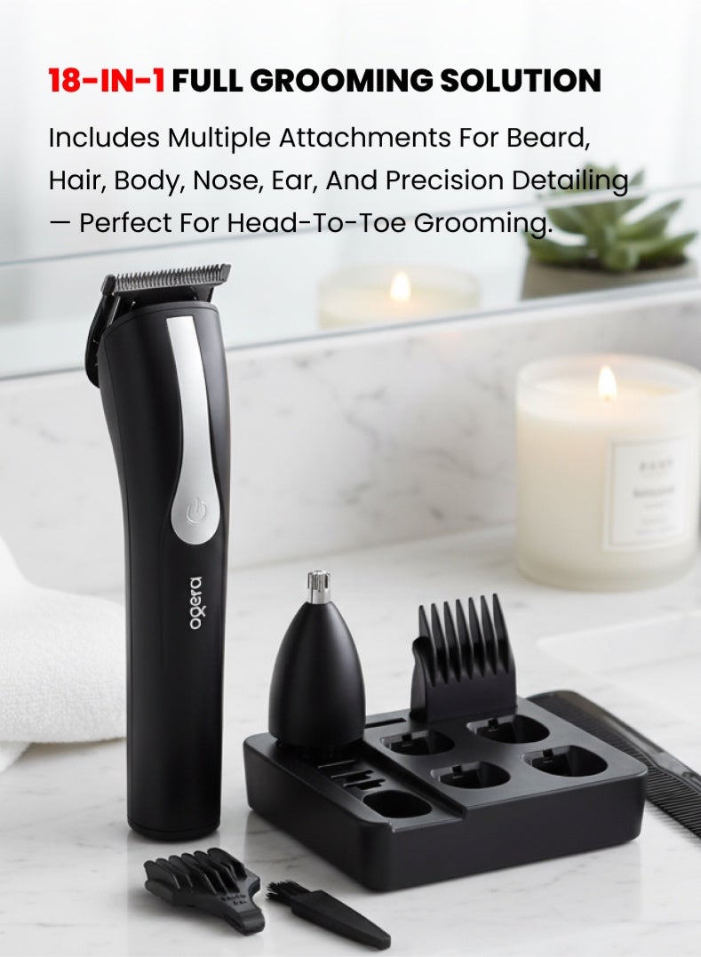 أوجيرا طقم عناية شخصية قابل لإعادة الشحن 18 في 1 | ماكينة حلاقة متعددة الوظائف الكل في واحد | شفرات دقيقة من الستانلس ستيل | ملحقات للّحية والأنف والأذن والجسم | أمشاط قابلة للتعديل | بطارية تدوم طويلاً ومحرك منخفض الضجيج | موديل OG2001HT | أسود - Image 2