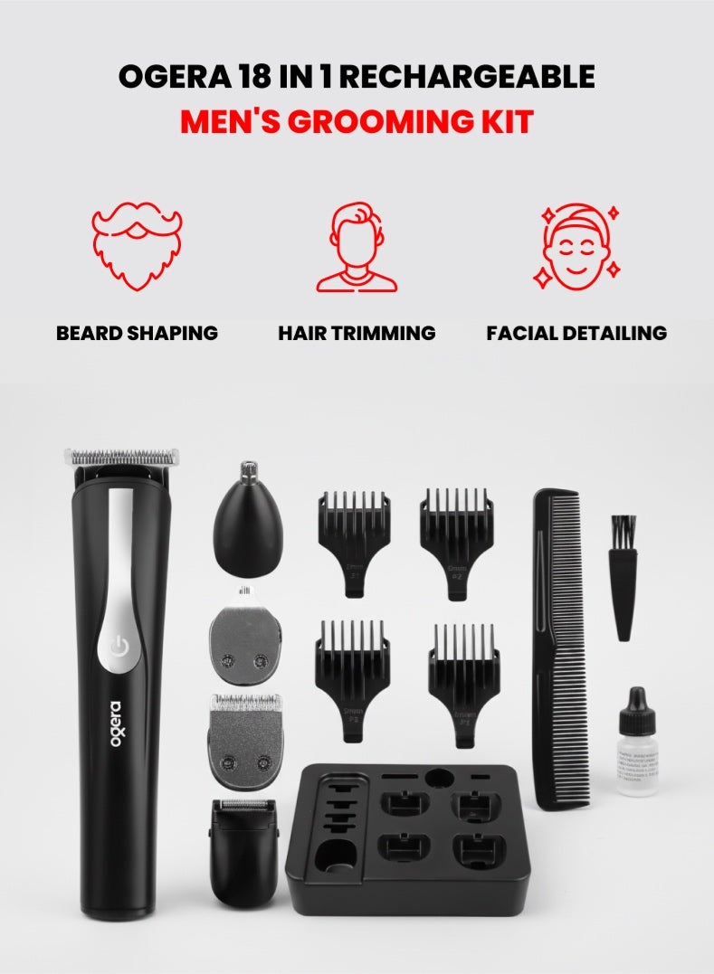 أوجيرا طقم عناية شخصية قابل لإعادة الشحن 18 في 1 | ماكينة حلاقة متعددة الوظائف الكل في واحد | شفرات دقيقة من الستانلس ستيل | ملحقات للّحية والأنف والأذن والجسم | أمشاط قابلة للتعديل | بطارية تدوم طويلاً ومحرك منخفض الضجيج | موديل OG2001HT | أسود - Image 1