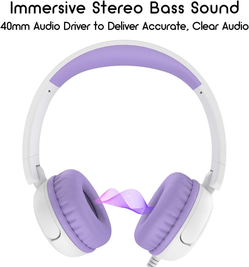 IMYB Kids Headphones, Wired Stereo Foldable Tangle-Free 3.5mm Adjustable On-Ear Headphones for Kids for School/Toddlers/Childrens/Teens/Boys/Girls/Ipad/Tablet/Kindle/Phones/Travel/Plane (White Purple) - Image 3
