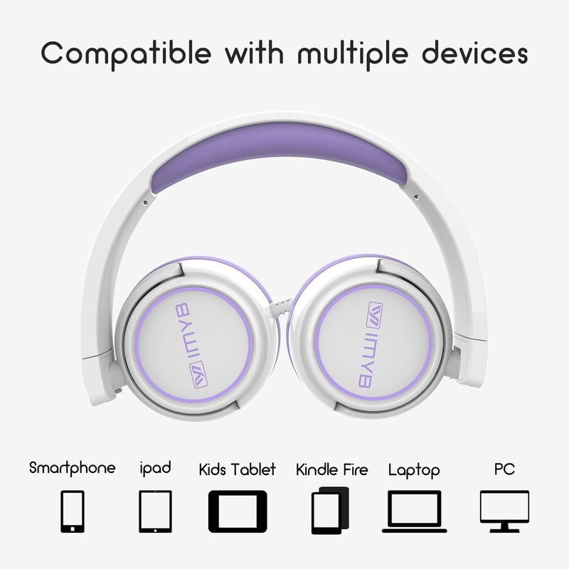 IMYB Kids Headphones, Wired Stereo Foldable Tangle-Free 3.5mm Adjustable On-Ear Headphones for Kids for School/Toddlers/Childrens/Teens/Boys/Girls/Ipad/Tablet/Kindle/Phones/Travel/Plane (White Purple) - Image 5