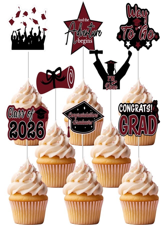 Pedel 2026 Graduation Cupcake Toppers, 48 Pcs Class of 2026 Cupcake Toppers Congrats Grad Cupcake Picks for Dessert Food Pizza for Graduation Party Decorations (Maroon Black) - Image 1