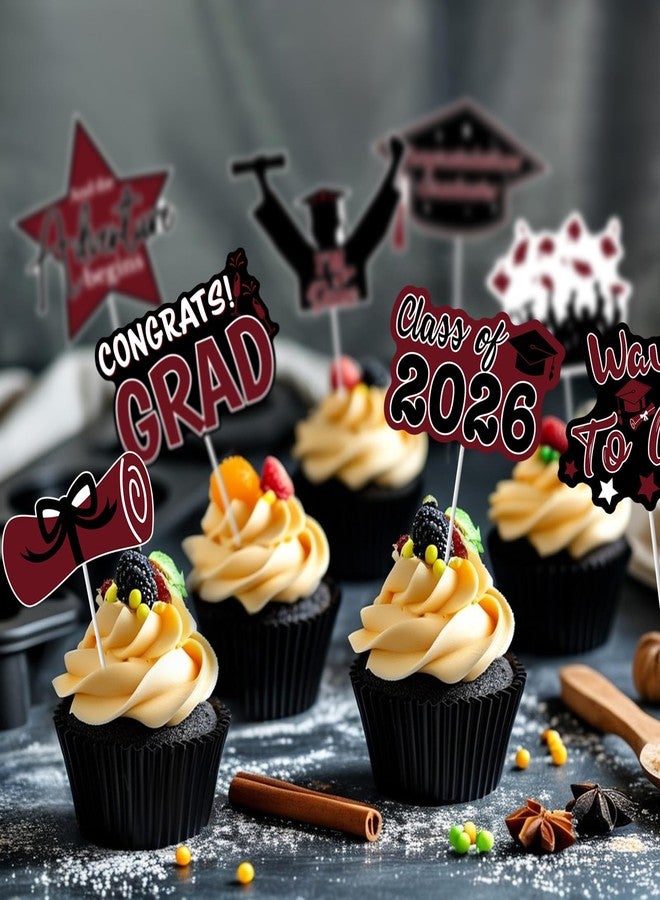 Pedel 2026 Graduation Cupcake Toppers, 48 Pcs Class of 2026 Cupcake Toppers Congrats Grad Cupcake Picks for Dessert Food Pizza for Graduation Party Decorations (Maroon Black) - Image 4
