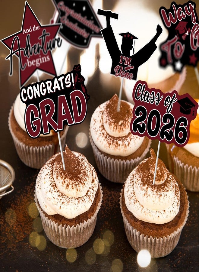 Pedel 2026 Graduation Cupcake Toppers, 48 Pcs Class of 2026 Cupcake Toppers Congrats Grad Cupcake Picks for Dessert Food Pizza for Graduation Party Decorations (Maroon Black) - Image 2