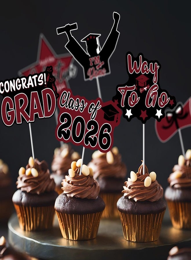 Pedel 2026 Graduation Cupcake Toppers, 48 Pcs Class of 2026 Cupcake Toppers Congrats Grad Cupcake Picks for Dessert Food Pizza for Graduation Party Decorations (Maroon Black) - Image 3