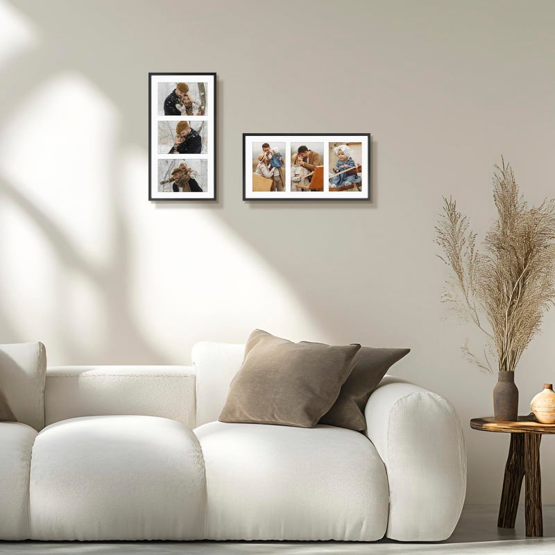 Frametory - 7x14 Aluminum Collage Picture Frame - Display 4x6 Pictures with 3 Openings Mat - Real Glass Front - Horizontal/Vertical Wall Mount - Black 1 Pack - Image 2