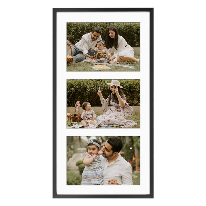 Frametory - 7x14 Aluminum Collage Picture Frame - Display 4x6 Pictures with 3 Openings Mat - Real Glass Front - Horizontal/Vertical Wall Mount - Black 1 Pack - Image 1
