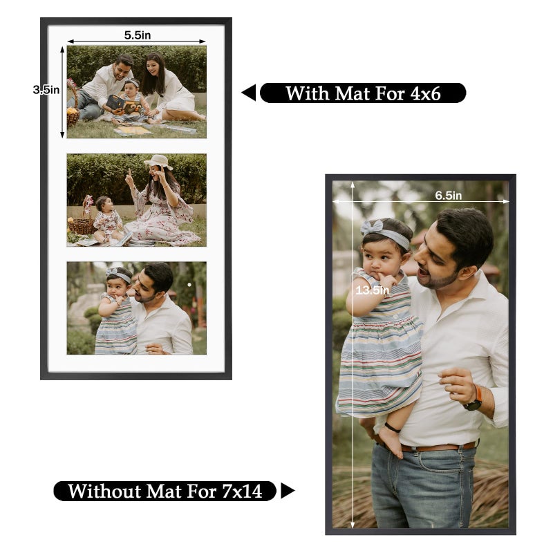 Frametory - 7x14 Aluminum Collage Picture Frame - Display 4x6 Pictures with 3 Openings Mat - Real Glass Front - Horizontal/Vertical Wall Mount - Black 1 Pack - Image 4
