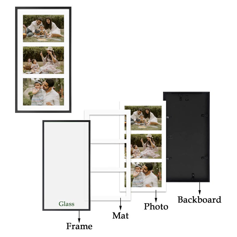 Frametory - 7x14 Aluminum Collage Picture Frame - Display 4x6 Pictures with 3 Openings Mat - Real Glass Front - Horizontal/Vertical Wall Mount - Black 1 Pack - Image 5