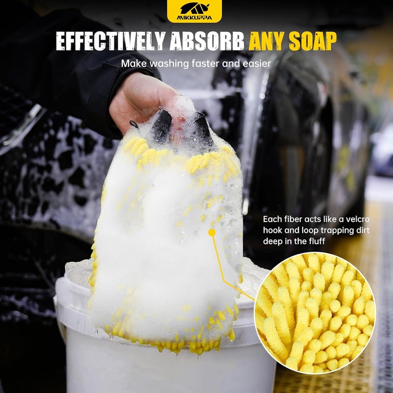 ميكوبّا قفاز غسيل السيارات من الألياف الدقيقة - قفاز مزدوج الوجه من الشنيليا خالٍ من الخدوش مع طبقة داخلية مقاومة للماء لغسيل السيارات والتنظيف المنزلي (أصفر ورمادي، عبوة من قطعتين، 10 × 7 بوصات) - Image 4