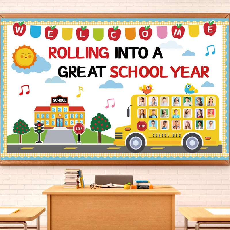 65Pcs Welcome Back to School Bulletin Board Decorations Set School Bus Cutouts Name Tags with Yellow Border Trims Home Office School Classroom Decorations for Window Wall Door Chalkboard